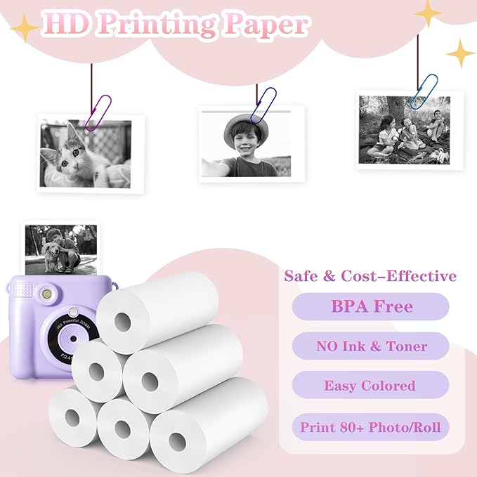 12 Rolls Kids Camera Instant Print Refill Paper Set, Phetium HD Printing Thermal Paper for Most Kids Instant Camera Photo Print (White-12 Rolls)
