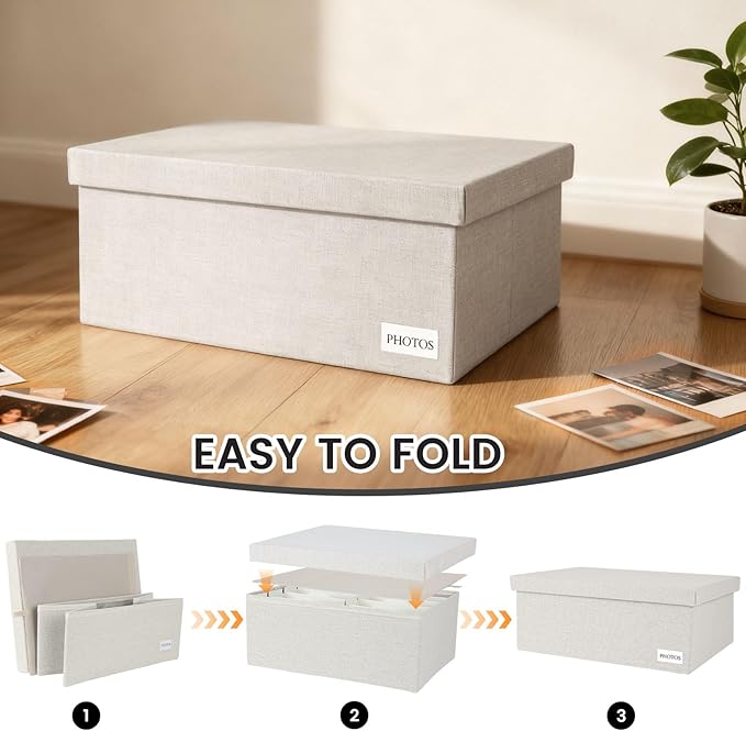 Himake Decorative Photo Storage Box - Linen Photo Box Organizers with Dividers, Fits Holds Up to 1700 Photos in 5x7 inch Size, Portable Scrapbook Storage Containers with Lid (Beige)
