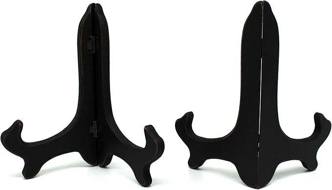 CVHOMEDECO. Vintage Distressed Black Decorative Wooden Plates Rack Wood Easels Holder Folding Display Stand Home Décor Art, 7 Inch, Set of 2.