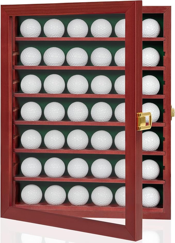 Golf Ball Display Case, Solid Wood Golf Ball Holder, Wall Mounted Golf Ball Rack with Acrylic Door for Golf Enthusiasts (Mahogany, for 42 Golf Balls)