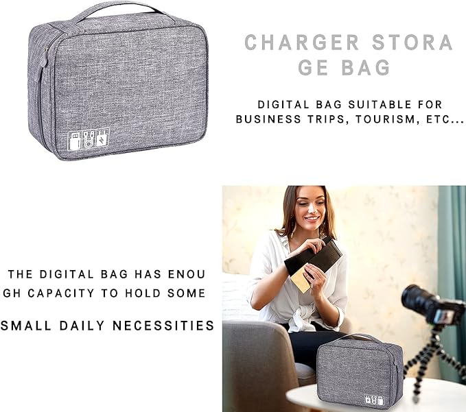 Electronic Accessories Organizer, Portable Travel Cable Storage Bag Tech Pouch with Adjustable Compartments Water-Resistant Handbag for Smart Device Cords Chargers Hard Drives Gadgets
