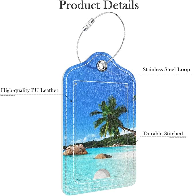 Luggage Tags for Suitcase, 2 Pack PU Leather Travel Cruise Luggage Tag with Privacy Flap, Name ID Label and Metal Loop for Women Men Girls Suitcase Baggage Bag Backpack Instrument, Happy Beach