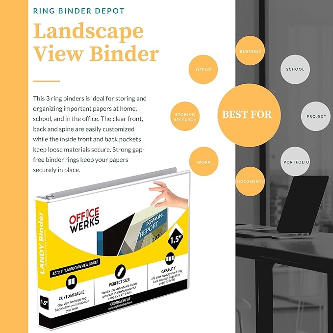 8.5" X 11" Landscape View Binder, 3-Ring 1.5 Inch Capacity Round Ring, White Horizontal Formatted with Clear Cover Pockets for Documents, Spreadsheets, Projects and More