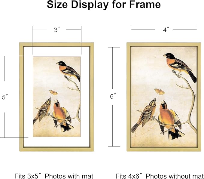 BKABOT 4x6 Picture Frame, Brass Metal Photo Frames with HD Glass, Fits 3x5 with Mat or 4 x 6 without Mat, Display for Wall and Table, 1 Pack