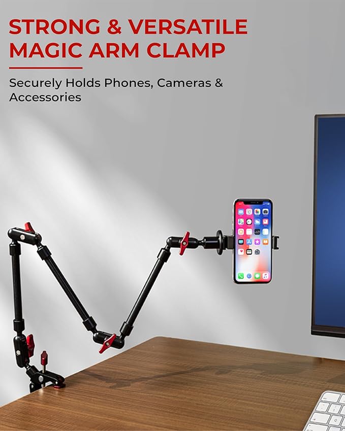 REFLEX CAMERA Metal Articulating 32" Magic Arm with Super Clamp Overhead Camera Mount – 1kg Load Capacity, Boom Arm with 1/4", 3/8" Screws Mounts - Photography, Videography & Streaming - Adjustable