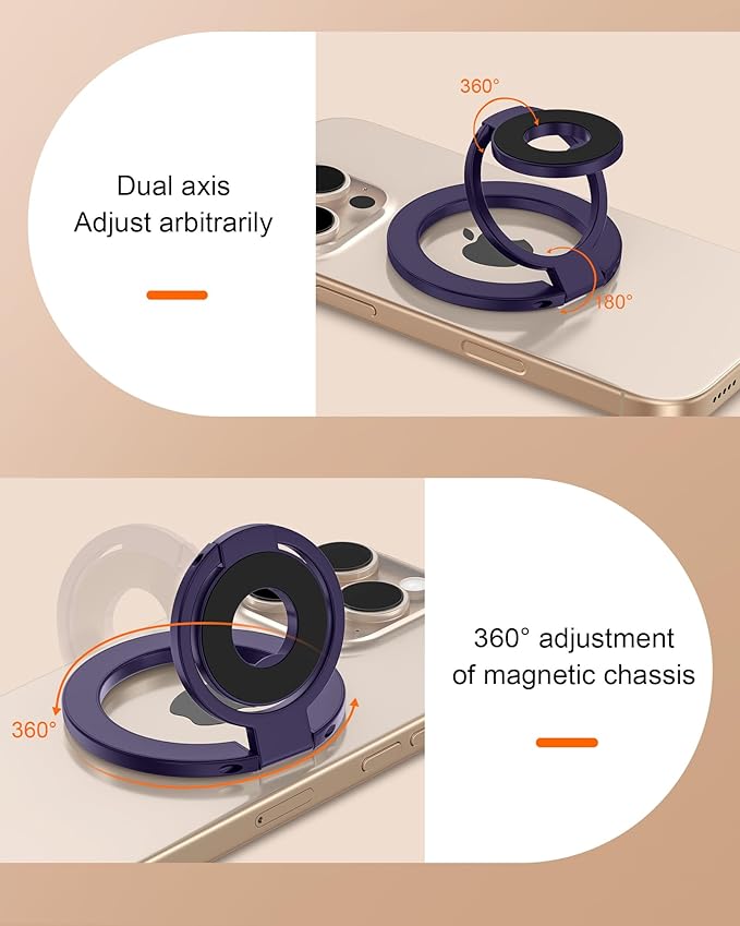 AILKIN Magnetic Phone Ring Holder Grip, Foldable MagSafe Stand for iPhone 17 Pro Max, Samsung, Two-sided Magnetic Phone Kickstand for Desk Stand & Car Mount, Compatible with Wireless Charging - Purple