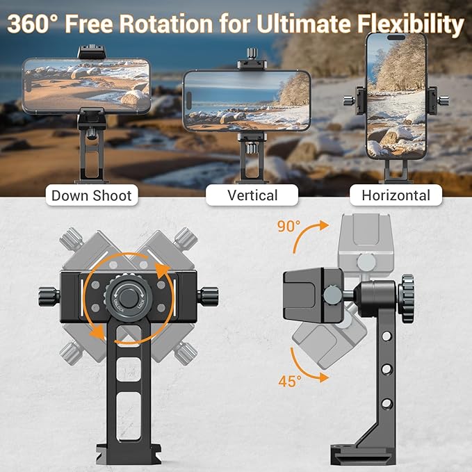 Metal Phone Mount for Tripod with 2 Cold Shoes & Arca Port,Phone Holder Stand with 4 * 1/4" Screw Mount,Support Vertical & Horizontal Rotate Suitable for iPhone 17 Pro/16Pro/15Pro/14/13