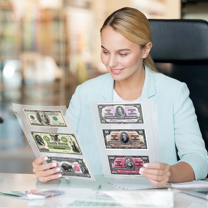 Dunwell Binder Currency Sleeves for Collectors - (25 Pack), Acid-Free 3-Pocket Clear Plastic Refill Pages for Currency Collection Album, 3-Ring Binder Sheet Protectors for Bills, Banknotes or Coupons