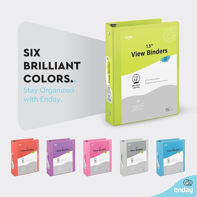 Enday 1.5 Inch Binder (6 Pack - Assorted Colors) 3 Ring Binder 1.5 inch with Clear View Cover and 2 Inside Pocket - for Letter Size 8.5 x 11'' Paper, Ideal for School Supplies, Office, and Home
