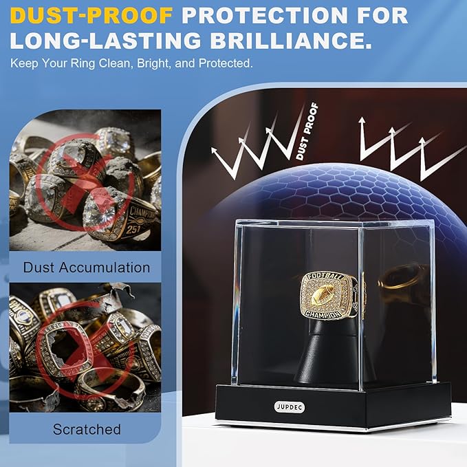 JupDec Championship Ring Display Case, Clear Acrylic Single Ring Holder with Durable Base, Dustproof Cube Showcase with Black Velvet Interior, Ideal Gift for Sports Memorabilia Fans