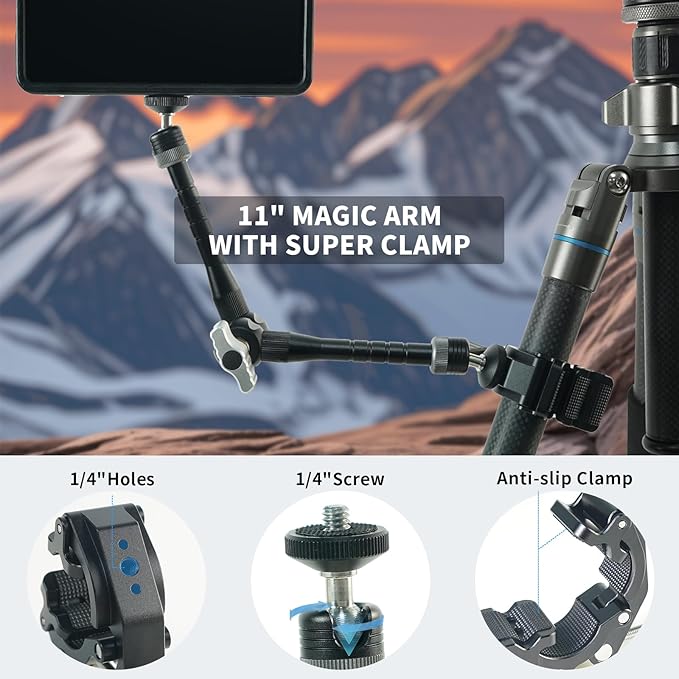 FIFIELD CNC Machined 11" Articulating Magic Arm Clamp Mount with Super Clamp, 360° Dual Ball Head & 1/4" ARRI Locating Pin&Holes, Heavy-Duty Camera Monitor Mount for Camera, Phone, LED Light, w/Clamp