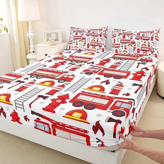 Fire Truck Sheet Sets, Red Fire Fighting Supplies Print Top Sheet for Boys Teens Kids Bottom Sheet Helmet Ladder Fire Extinguisher Fire Theme Sheet Sets,1 Flat Sheet+1 Fitted Sheet+1 Pillowcase,Twin