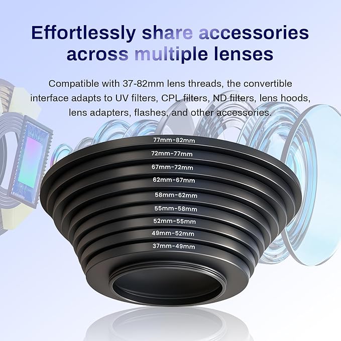 37-82mm Step Up Ring Adapter Filter, Metal Camera Lens Filter Adapter Ring Set Universal Black Stepping Rings Fits 37mm Lens to 82mm UV/CPL/ND Filters (9PCS Step Up Rings(37-82))