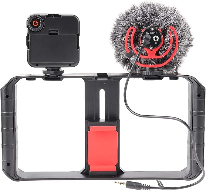 FocusFoto PRO U-Rig Smartphone Video Camera Cage Mount Holder Stabilizer Grip with Upgraded by-MM1+ Microphone Mic+ 49 LED Light+ Mini Tripod Kit for Mobile Phone iPhone Filmmaking Videomaker