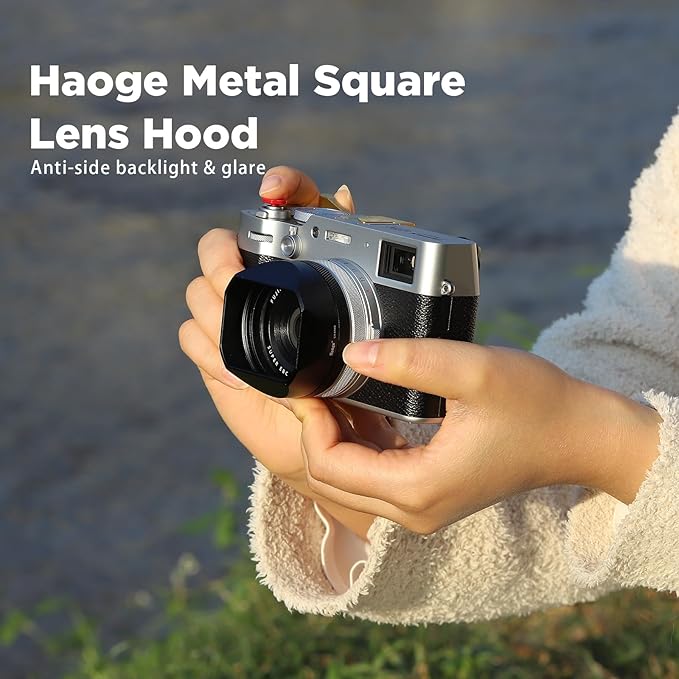 Haoge LH-X54B Square Metal Lens Hood with 49mm Adapter Ring for Fujifilm X100VI Fuji X100V Camera Black