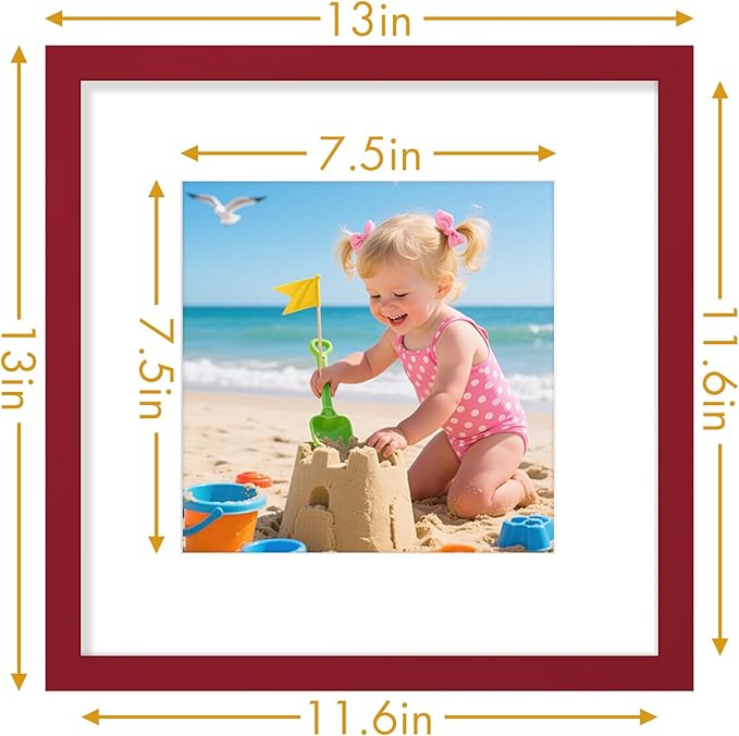 Vittanly 12x12 Picture Frame, Made of Solid Wood and Shatterproof Plexiglass, Display Pictures 8x8 with Mat or 12x12 without Mat, Wooden Photo Frame for Wall Mounting, Red, 1 Pack
