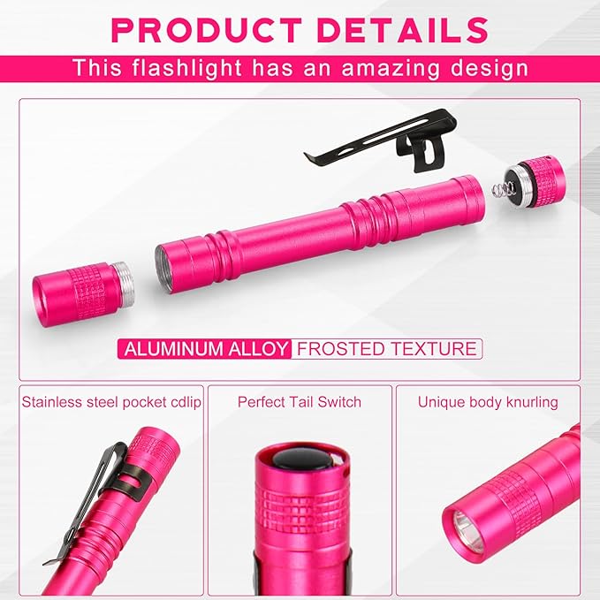 Hortsun 20 Pcs Mini Pen Light Flashlights Christmas Gifts for Men Pocket Flashlights Pen with Clip Small LED Handheld Slim Torches Without Battery(5.12 Inch,Rose Pink)