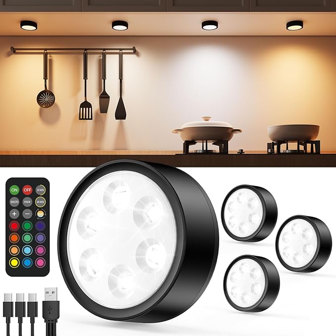 Rechargeable Puck Lights with Remote Control, 2400mAh Battery Stick On Spot Lights Indoor for Cupboards, RGB+3CCT, 4 Packs