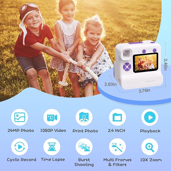 Kids Camera Instant Print, Christmas Birthday Gifts for Girl Boys 3-12 Years Old, FHD Selfie Digital Video Cameras Toddler 3 Rolls Print Paper & 32G Card (Retro, Purple-White)