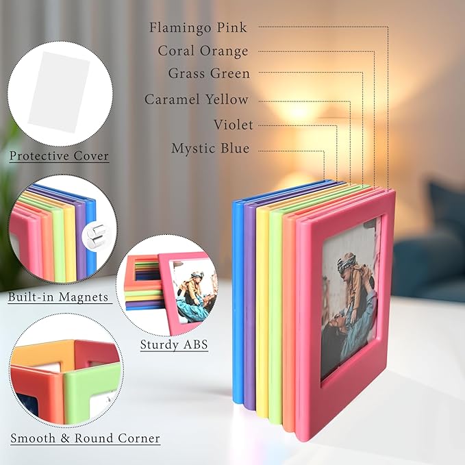 JOYZO 2x3 Magnetic Picture Frames, 6 Pack Small Frames with Front Covers fits for Fujifilm Instax Mini 12 11 9 8 41 40 EVO SE, for Polaroid Photo Desktop Refrigerator Display - Colorful