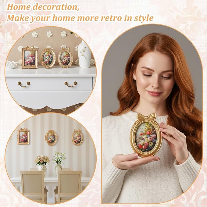 3Pcs Small Vintage Picture Frames, 2.5 x 3.5 Inch Gold Vintage Baroque Mini Gold Frames, Oval Rectangle Ornate Table Top Display Frame for DIY Jewelry Display Photography Mobile Photo Wedding Decor