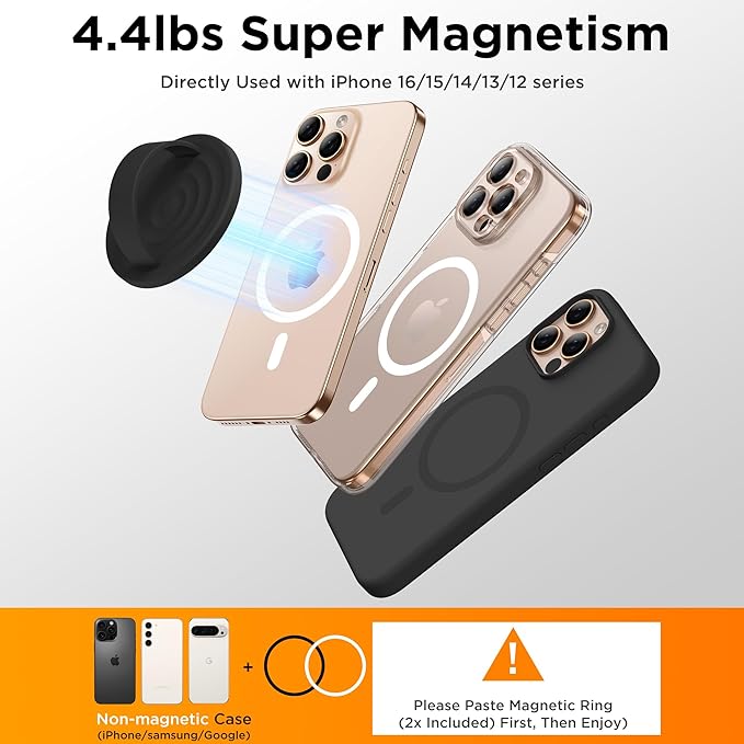 Magnetic Phone Grip Ring Holder, Liquid Silicone Magnet Cell Phone Grip Finger Loop, Compatible with Magsafe, Back of Phone for iPhone 17/16/15/14/13/12 Series, Black