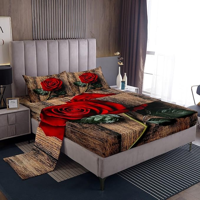 Erosebridal Red Rose Print Blossom Rose Flowers Bed Sheet Set - Full Size 4 Pcs, Romantic Moment Print Bedding for Farmhouse, Valentine's Day