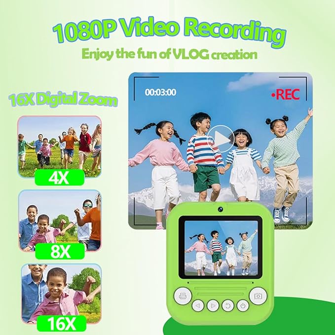 Dual-Lens Instant Print Camera for Kids, 48MP Thermal Instant Printing Camera with 2.4 Inch IPS Screen for Toddler, Boys Girls Christmas Birthday Gifts Photo Printer with 64GB SD Card (Green)