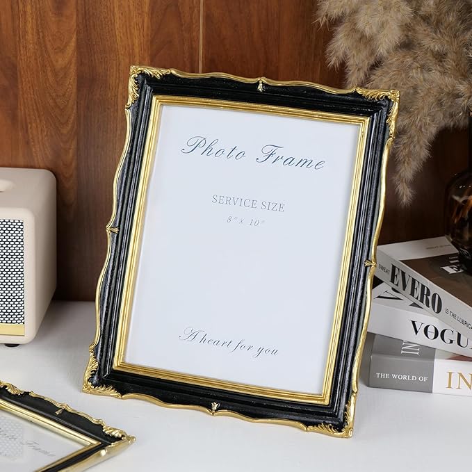 Cuspin 8x10 Picture Frame Black and Gold Frames, Ornate Textured Hand-Crafted Resin Photo Frames with Glass Front, 8 by 10 Decorative Picture Frame for Wall & Tabletop, Vintage Home Decor