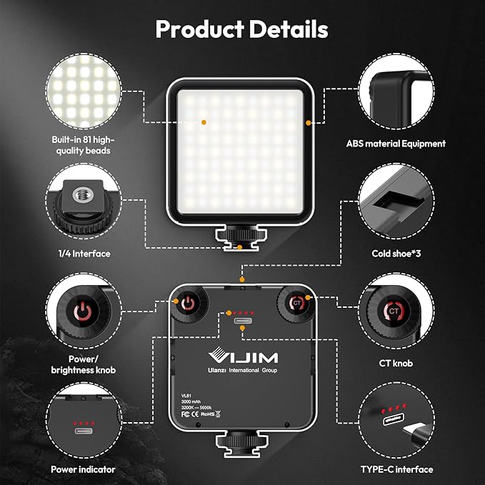 ULANZI VL-81 Camera Phone Selfie Light with Clip & Cold Shoe, 3200K-5600K CRI95 3000mAh Bi-Color Portable LED Video Light for iPhone, Cameras, Laptop, Selfie, Vlog, Filming, Video Conference, Webcam