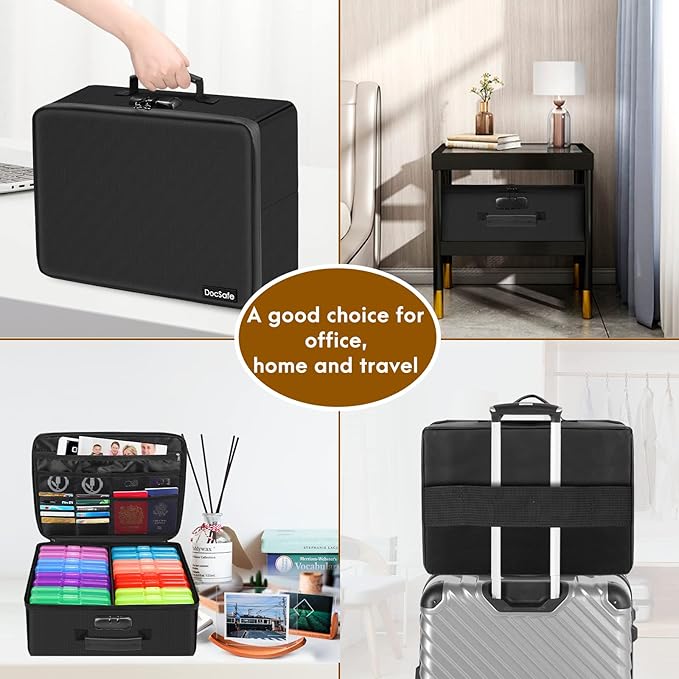 DocSafe Photo Storage Box with Lock,Fireproof Photo Organizer Box with 16 Inner 4" x 6" Photo Case(Multi-Colored),Collapsible Portable Photo Filing Safe Storage with Water-Resistant Zipper for Photos