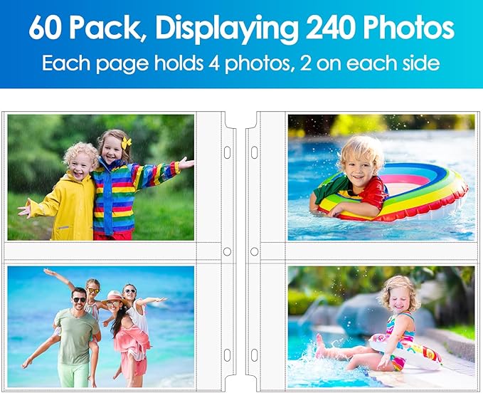 MaxGear60 Pack 5x7 Photo Sleeves for 3 Ring Binder (240 Pictures), Heavy-Duty Archival Page Protectors, 2-Pocket Clear Photo Album Refill Pages, Plastic Seed Binder Pages 8.5x11, Acid-Free