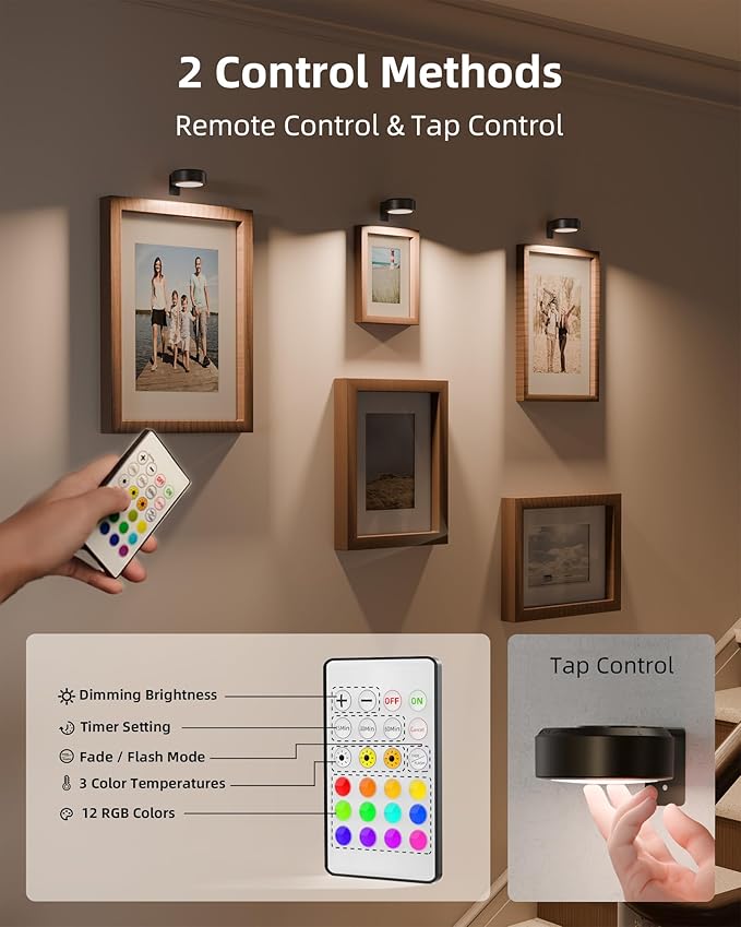 EZVALO Picture Lights for Wall, Rechargeable Battery Magnetic Poster Lights with 3 Color Temps & 12 RGB, Remote Dimmable Timer Light, Wall Decor Light for Art Display (6 Pack with Charging Station)