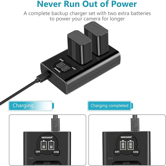 NEEWER NP-FW50 Camera Battery Charger Set Compatible with Sony ZV-E10 A7 A7R A7RII A7II A7SII A7S a6300 a6400 a6500 RX10 Series, 2 Pack 1100mAh Replacement Batteries, Micro USB&Type C Dual Charger