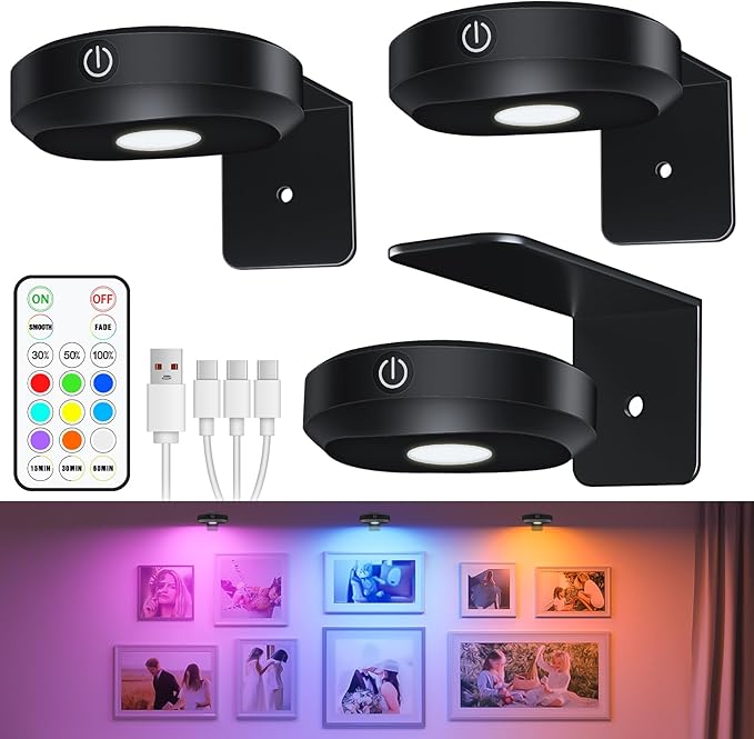 WILLED RGB Lights,Poster Lights,Battery Operated Rechargeable Picture Light,Puck Light with Remote,9 RGB Colors,Dimmable&Timer,Art Gallery Lighting,Display Lighting for Paintings Wireless