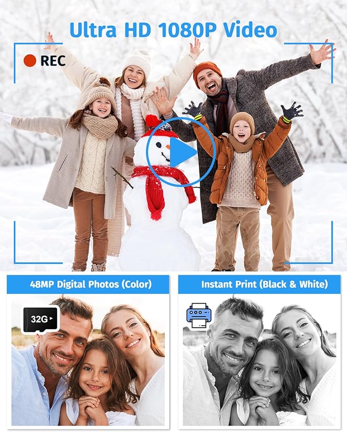 Instant Camera, Dual-Lens Kids Camera Instant Print for Boys Girls Christmas Birthday Gifts, 1080P Digital Cameras for Kids Teens with Print Paper, 32GB Card, Toddle Toy for Age 4-12 Years(Blue)