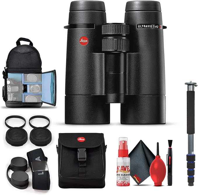 Leica 7x42 Ultravid HD-Plus Binoculars (40092) + Backpack + Full Size Monopod + Cleaning Set + 2 x Cap Keeper + Neck Strap