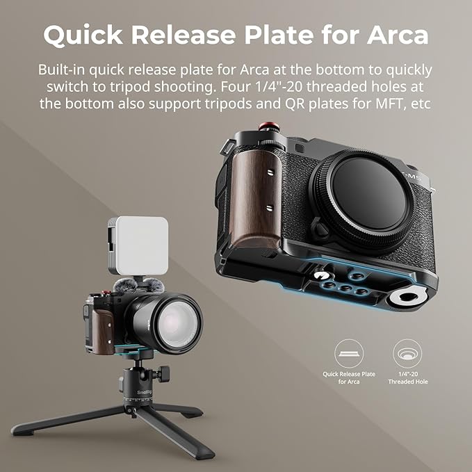 SMALLRIG X-M5 Wooden Handgrip L-Shape Grip for FUJIFILM X-M5, Built-in Quick Release Plate for Arca, Ergonomic Wood Side Handle, Include Windshield with Cold Shoe Adapter,Plate for Arca (Black) - 5260