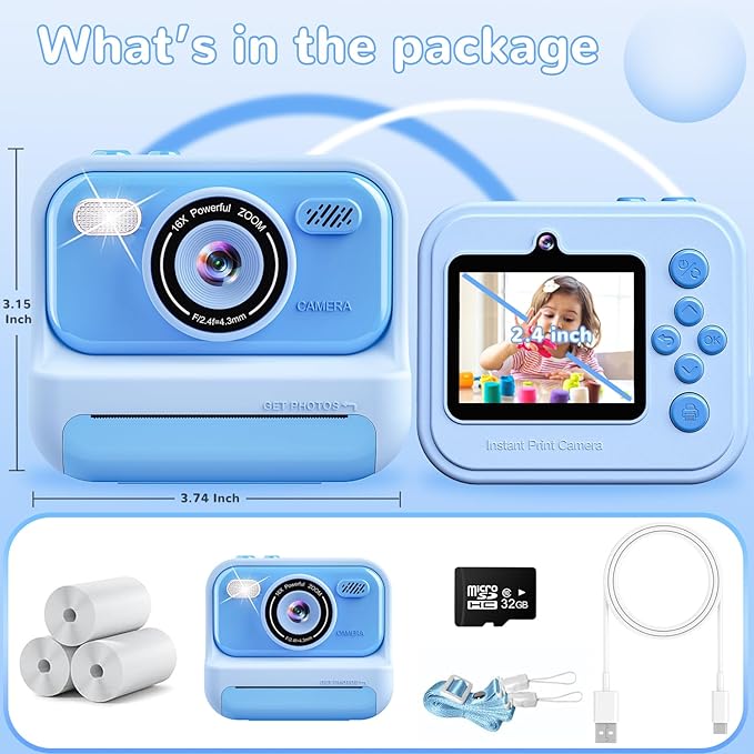 Kids Toys Instant Print Camera, Christmas Birthday Gifts for 3 4 5 6 7 8 9 10 Year Old Boys and Girls, 2.4 Inch Screen Kids Instant Cameras, Portable Toddler Travel Toys, Blue