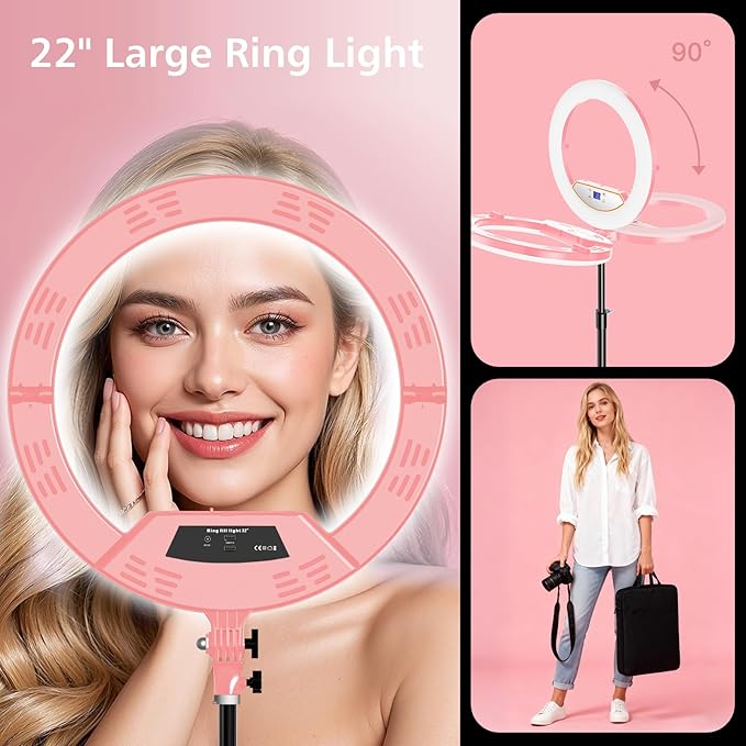 22" Large Ring Light with Stand,Foldable LED Big Ring Light Tripod for iPhone Phone Ipad, 75" Tall Tripod Touch Screen,Wireless Remote for Live Stream,YouTube,TikTok Video Shooting Pink