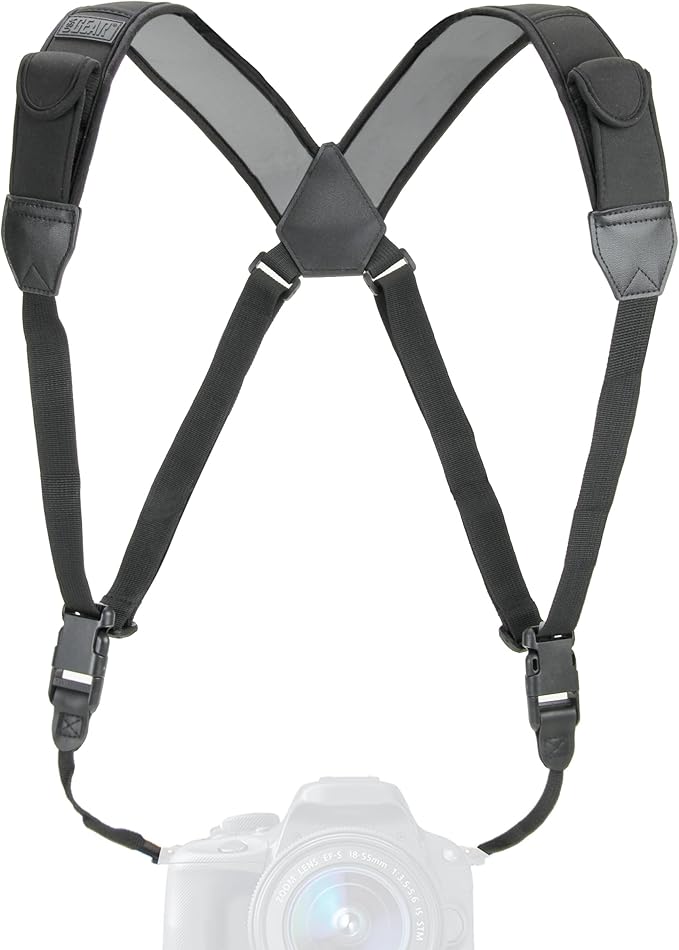 USA Gear DSLR Camera Strap Chest Harness with Quick Release Buckles, Black Neoprene Pattern and Accessory Pockets - Compatible with Canon, Nikon, Sony and More Point and Shoot and Mirrorless Cameras