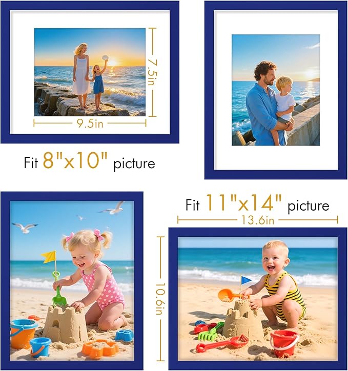 Vittanly 11x14 Picture Frame, Made of Solid Wood and Shatterproof Plexiglass, Display Pictures 8x10 with Mat or 8x10 without Mat, Wooden Photo Frame for Wall Mounting or Tabletop, Royal Blue, 1 Pack