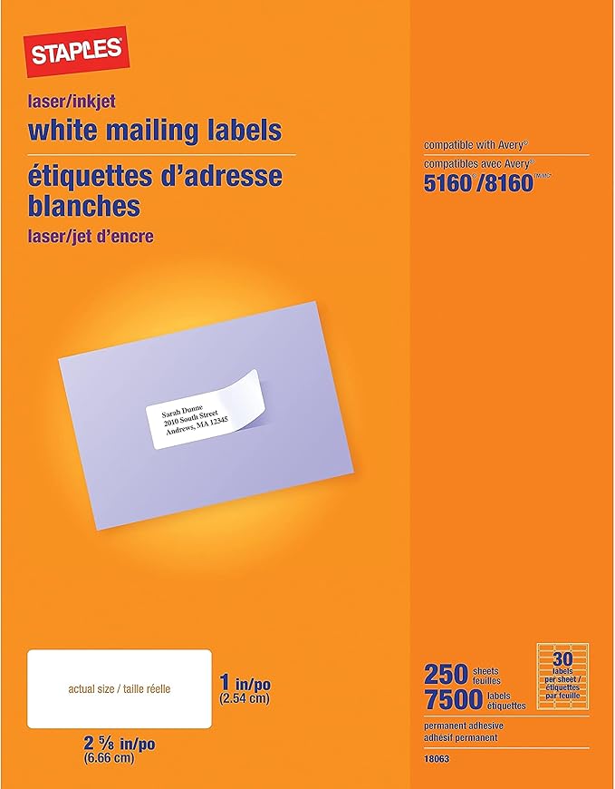 Staples 1" x 2-5/8" Address Labels, White – Easy-Peel Printable Laser & Inkjet Mailing Labels, 7,500 Labels (30 per Sheet)