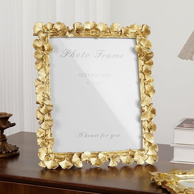 8x10 Picture Frame Gold Picture Frames, Vintage Ornate Frame Leaf Textured Hand-Crafted Resin with Glass Front, Antique Photo Frame for Wall Hanging and Tabletop Display, Retro Design Home Decor