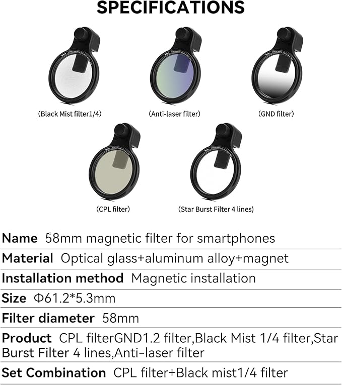 Kase 58mm Magnetic Phone Filters Black Mist 1/4 + CPL, 0.5s Quick-Snap Clip-On for iPhone 17 16 15 Pro Max Android, for TikTok Reels Shorts