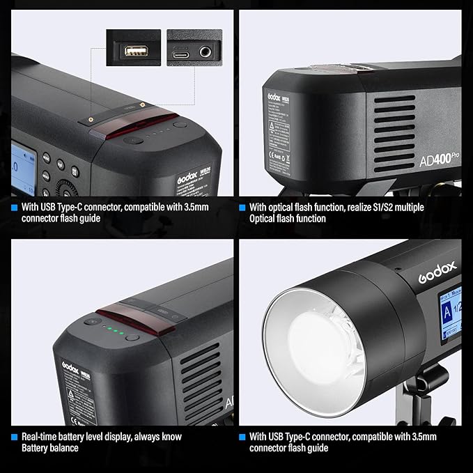 Godox AD400Pro 400Ws GN72 TTL 1/8000s HSS 2.4G X System All-in-One Outdoor Flash Speedlite Strobe Light, Battery-Powered Monolight, 390 Full Power Pops, 0.01-1s Recycle Time, 30W LED Modeling Lamp