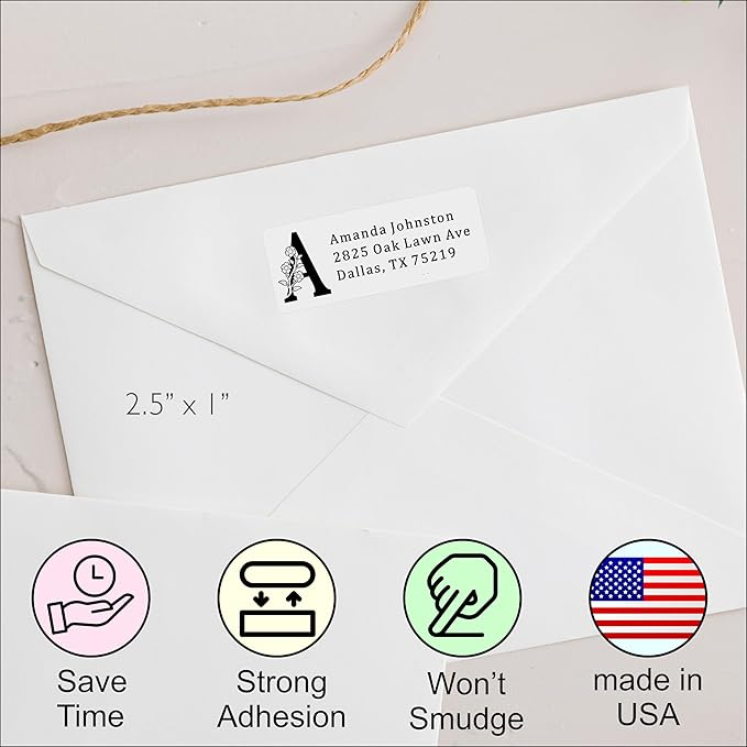 White Home Address Labels - Personalized Return Address Stickers, Custom Printed Mailing Labels for Envelopes, Packages, Wedding, Business (Floral Initial)