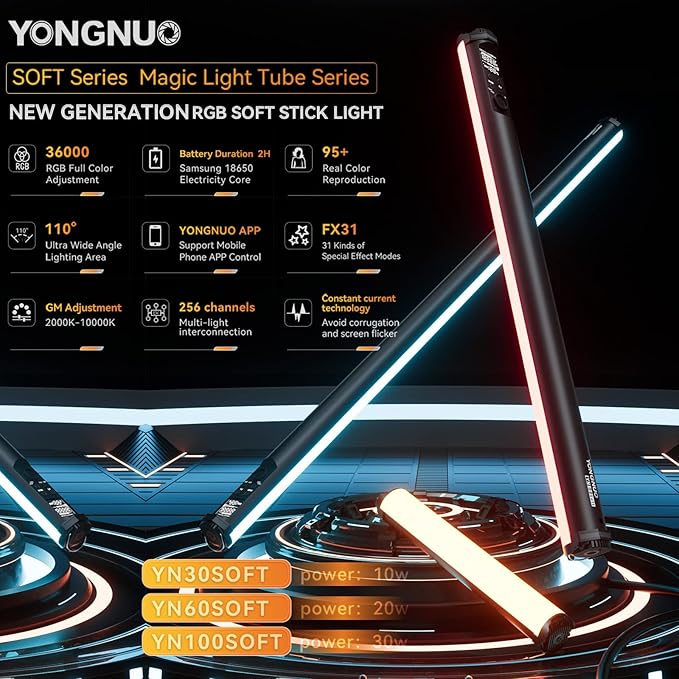 Yongnuo YN100 Soft LED Video Light, 30W 39" Handheld Wand Light, RGB Full Color 2000K-10000K, CRI95+ APP Remote Control for Studio, 31 Scene Effects Stick Light for Video and Photography