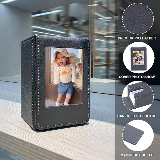 CAIYOULE Photo Holder Storage Case for Fujifilm Instax Mini Film 41/12/11/90/9/8/7/7+/EVO/SE, PU Leather Picture Holder for Polaroid with Pocket Outside, 2.5x3.7 Protective Case Hold 50+ Photos, Grey