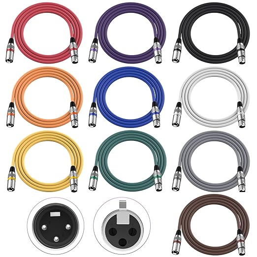 XLR to XLR Cables 6ft 10 Pack, DMX Cable 3-Pin Microphone Male Female Cables Wire 6 Feet, Compatible with Stage Light Mic Mixer Speakers DJ Lights Par Light Moving Head Spotlight, Multi-Color